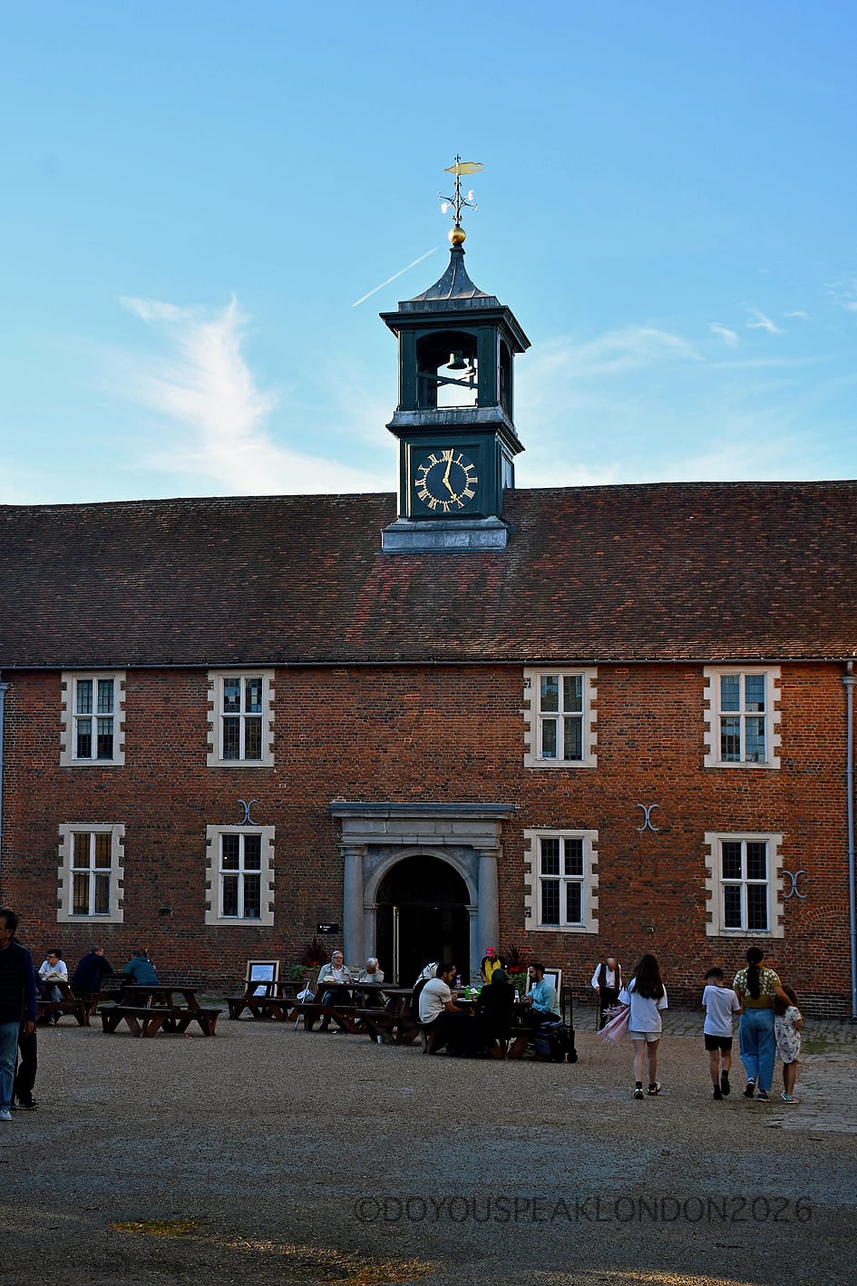 Stables Café courtyard and clock tower at Osterley Park