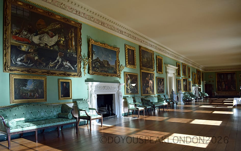 Long Gallery with green walls and paintings at Osterley House