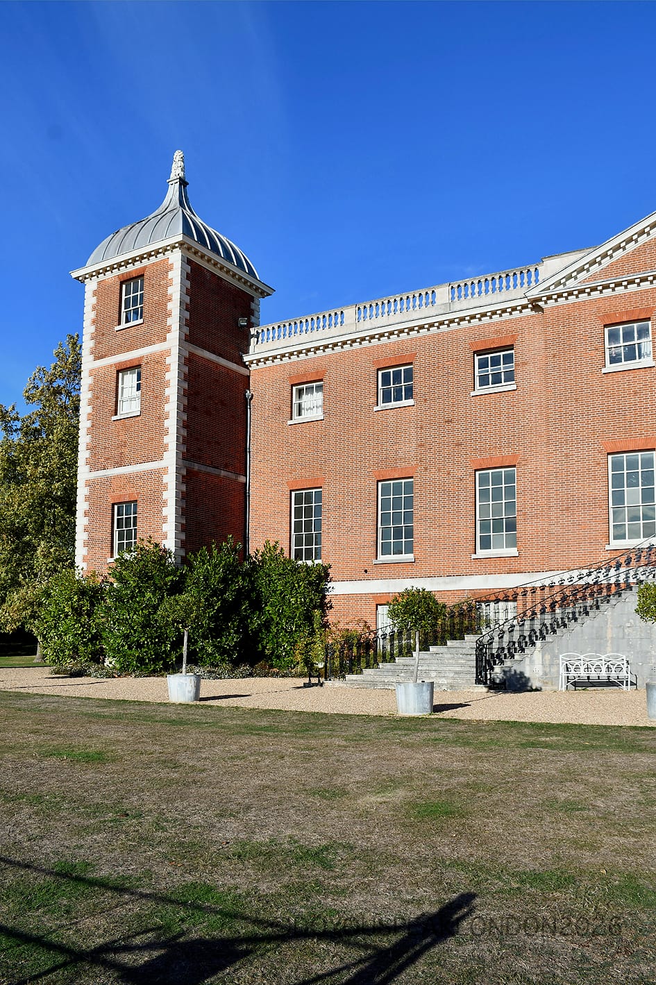 Osterley House tower and garden staircase seen from the south lawn