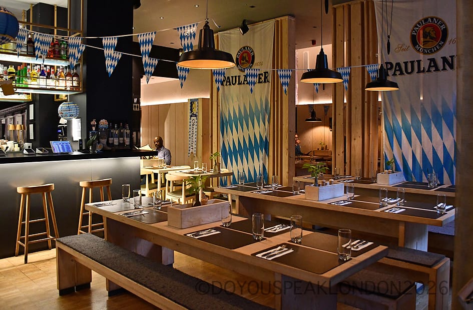 Long wooden tables and benches under Bavarian bunting at Stein's Berlin