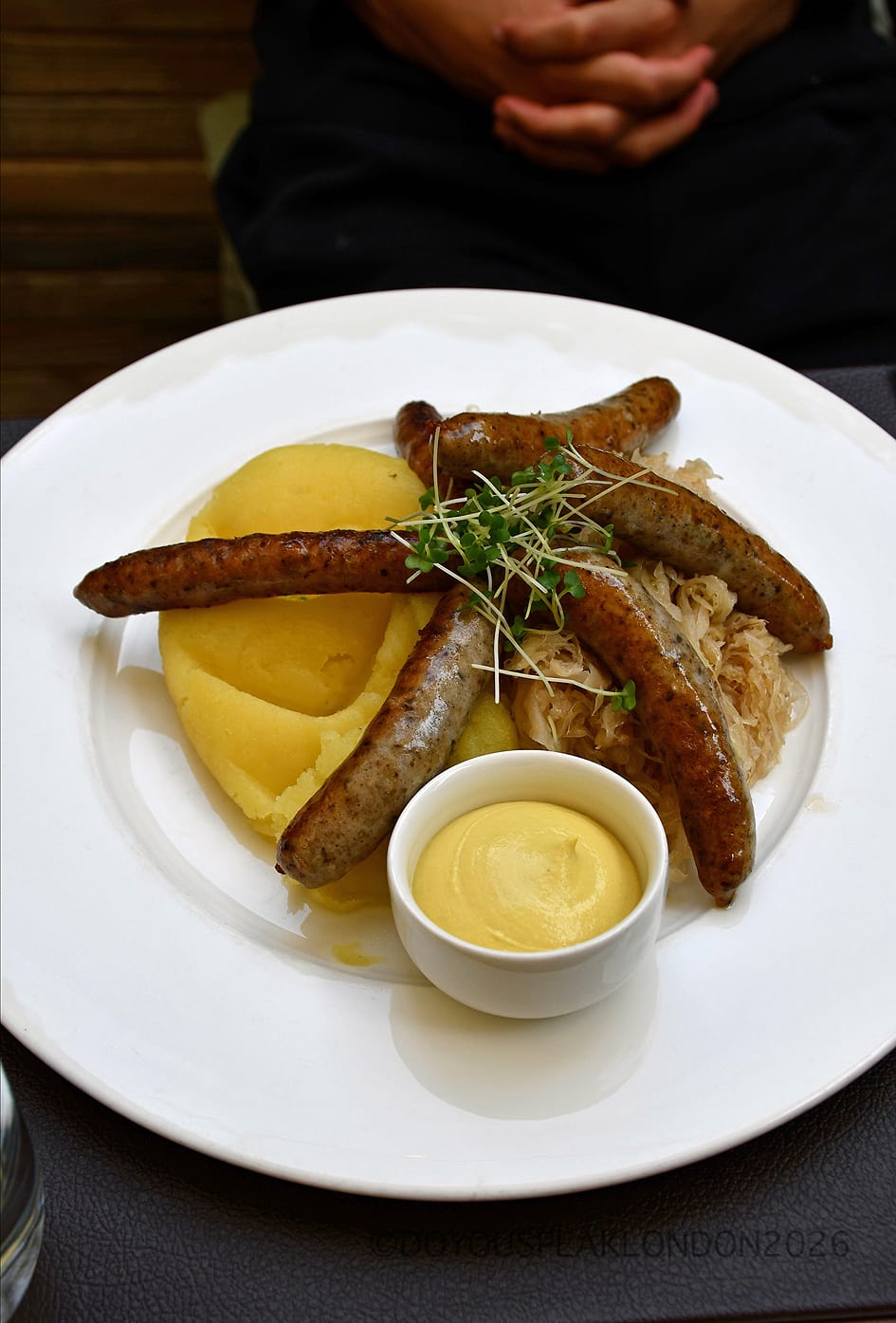 German sausages with sauerkraut and mash at Stein's Berlin