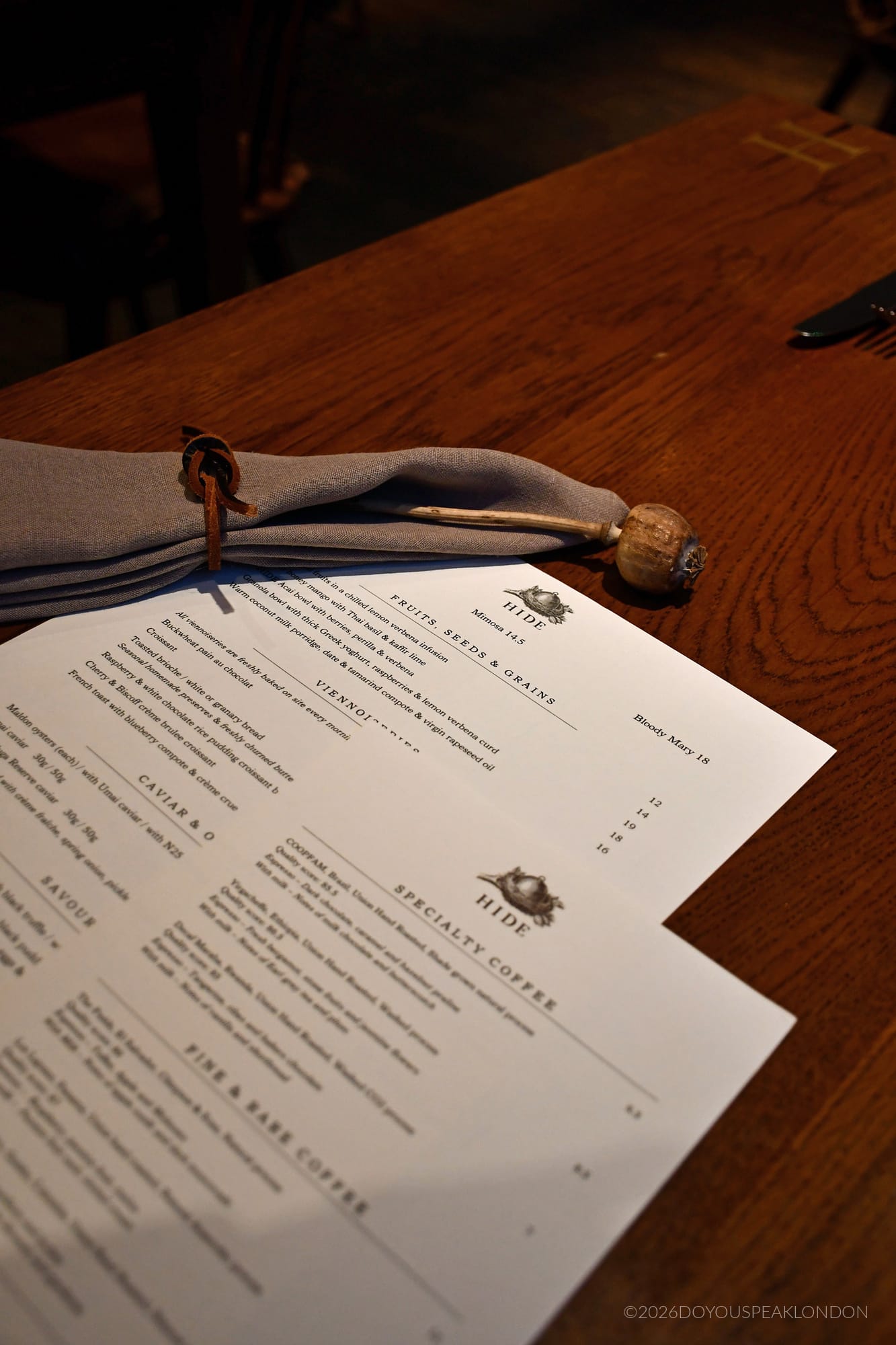 Breakfast menu at HIDE restaurant on Piccadilly